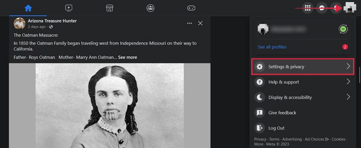 Clicking on "Settings & privacy" in Facebook menu.