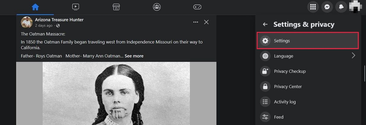 Clicking on "Settings" from "Settings & Privacy" menu on Facebook. 