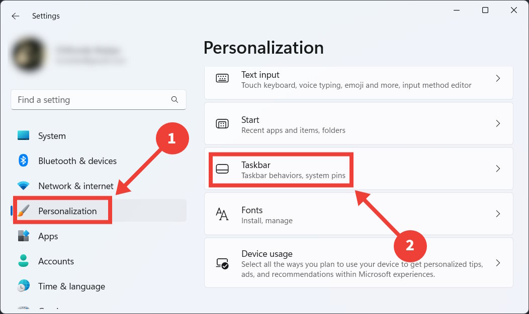 Navigating Taskbar settings in Windows.