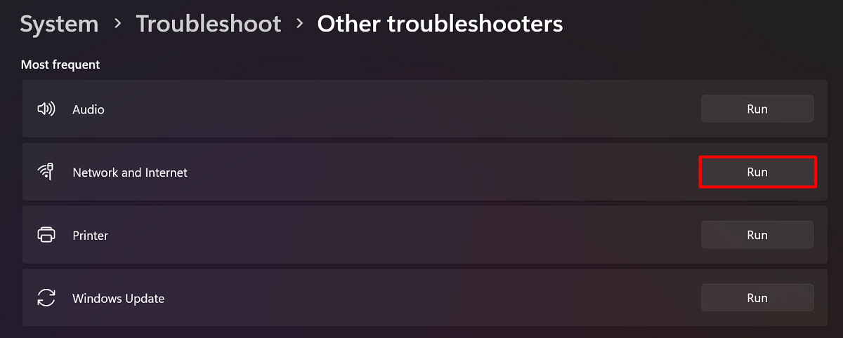 Clicking on "Network and internet" troubleshooter.
