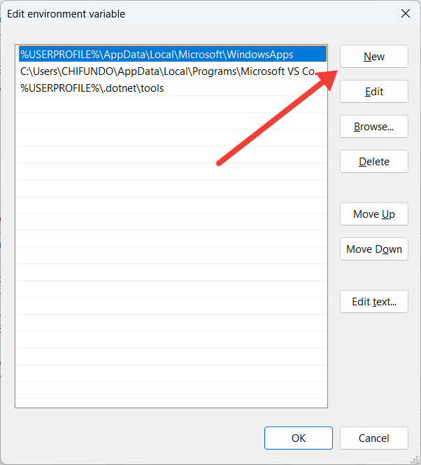Clicking "New" button in Edit environment variable window.
