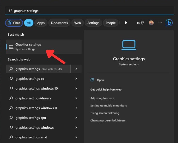 Typing "graphic settings" in Windows Search.