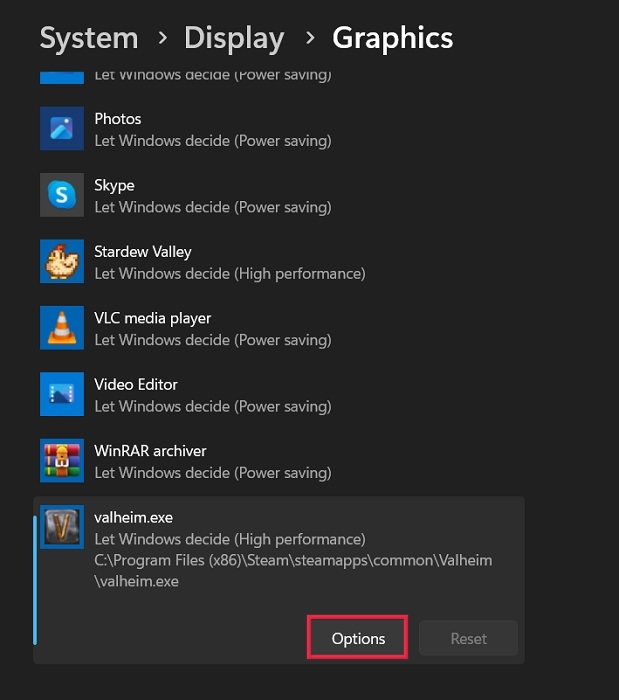 Selecting game from Graphic settings.