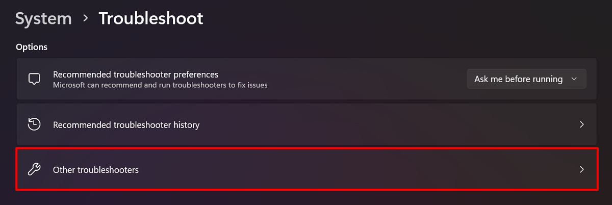 Clicking the "Other troubleshooters"option in Settings app.