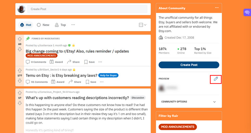 Click on the pen icon in the subreddit