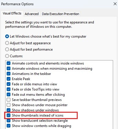 Click "Show thumbnails instead of icons" in Performance Options dialog.