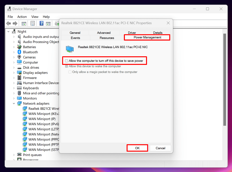 Enabling the "Allow the computer to turn off this device to save power" checkbox under Power Management