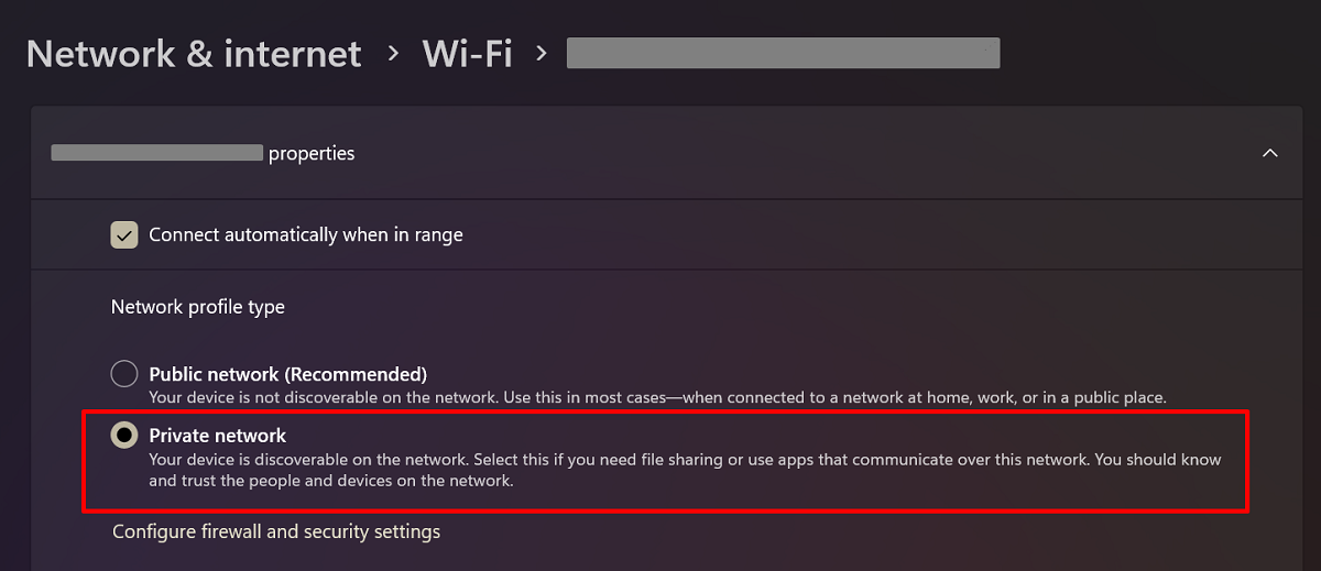 Clicking the "Private network" option under "Network profile type."