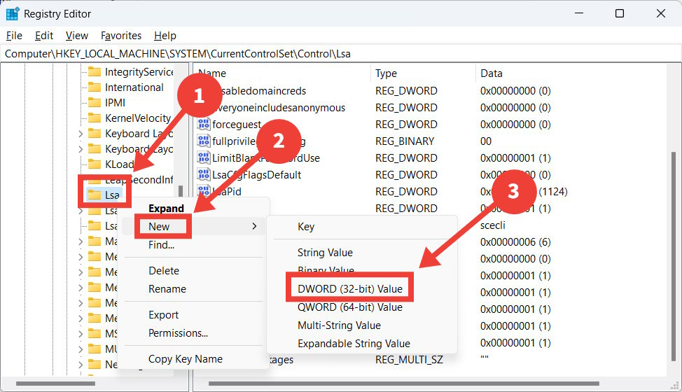 Creating a new key (DWORD (32-bit) Value) in Registry editor. 