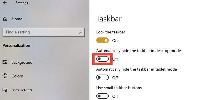 Disabling "Automatically hide the taskbar in desktop mode" option in Windows 10.