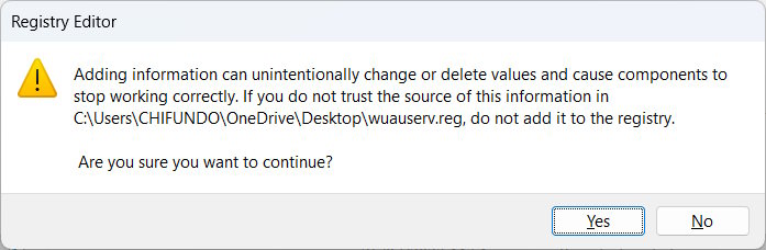 Prompt to merge the "wuauserv" registry file with the Windows registry.