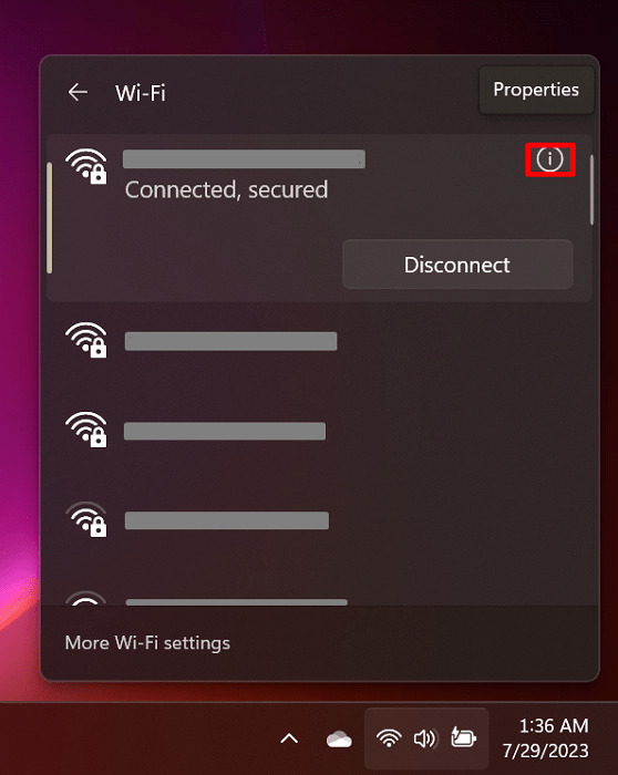 Clicking the network Properties icon under Wi-Fi.