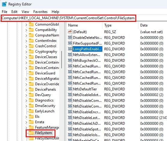 Navigate to the Filesystem key in the Registry Editor.