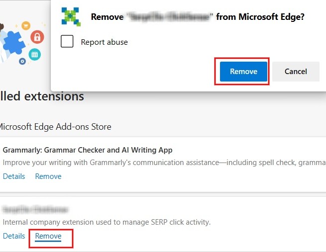 Clicking "Remove" button to eliminate the extension from the Edge browser.