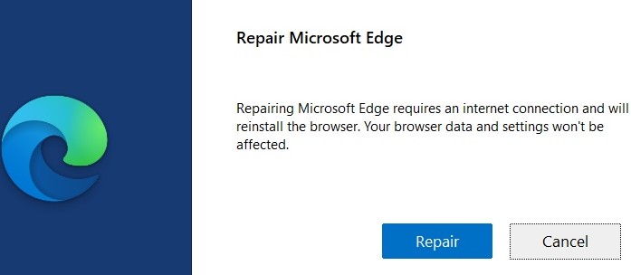 Clicking on "Repair" button in "Repair Microsoft Edge" window.