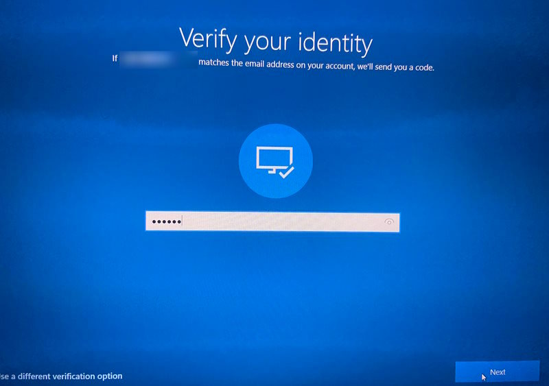 Entering email verification code when resetting Microsoft Account password on Windows.