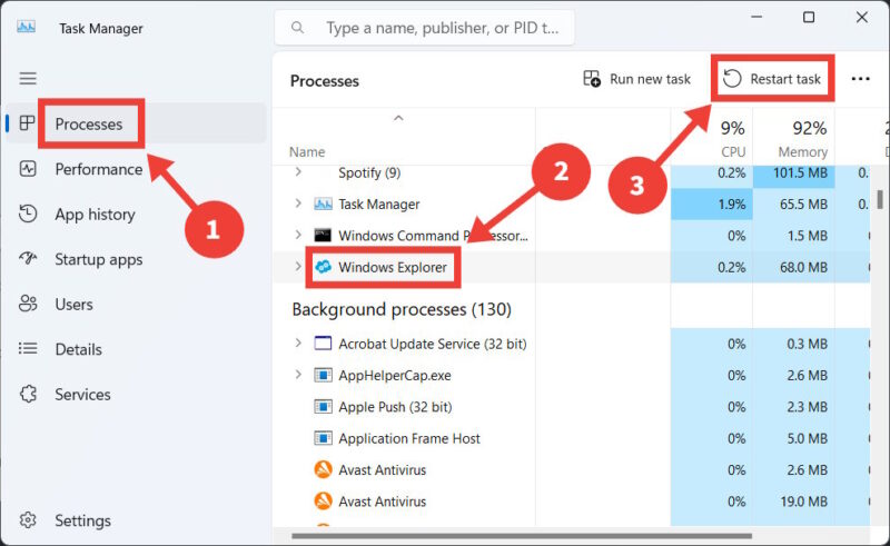 Restarting Windows Explorer from Task Manager. 