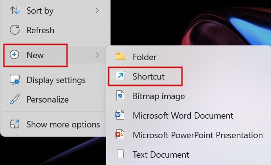Creating a new shortcut on desktop. 