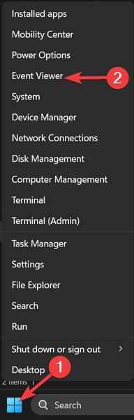 Right Click On Start Menu And Select Event Viewer