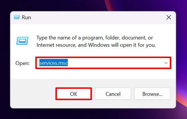 Opening the Services app via Run utility.