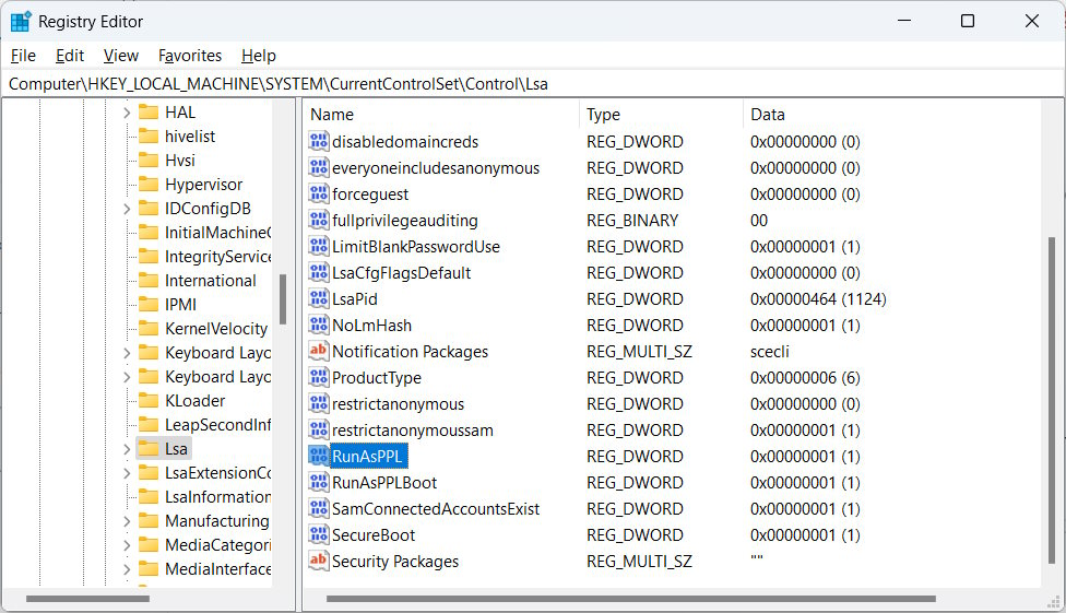 Double-clicking the "RunasPPL" key in Registry Editor.