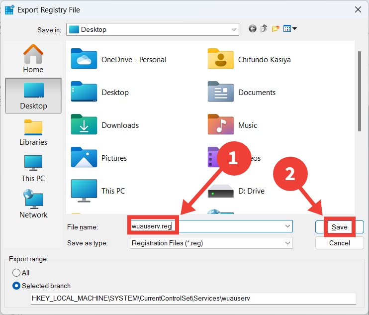 Saving the "wuauserv" registry file.