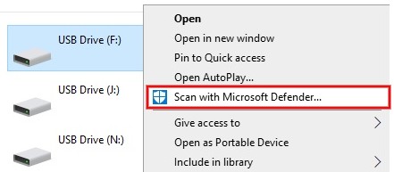 Right clicking USB drive to select "Scan with Microsoft Defender" option. 