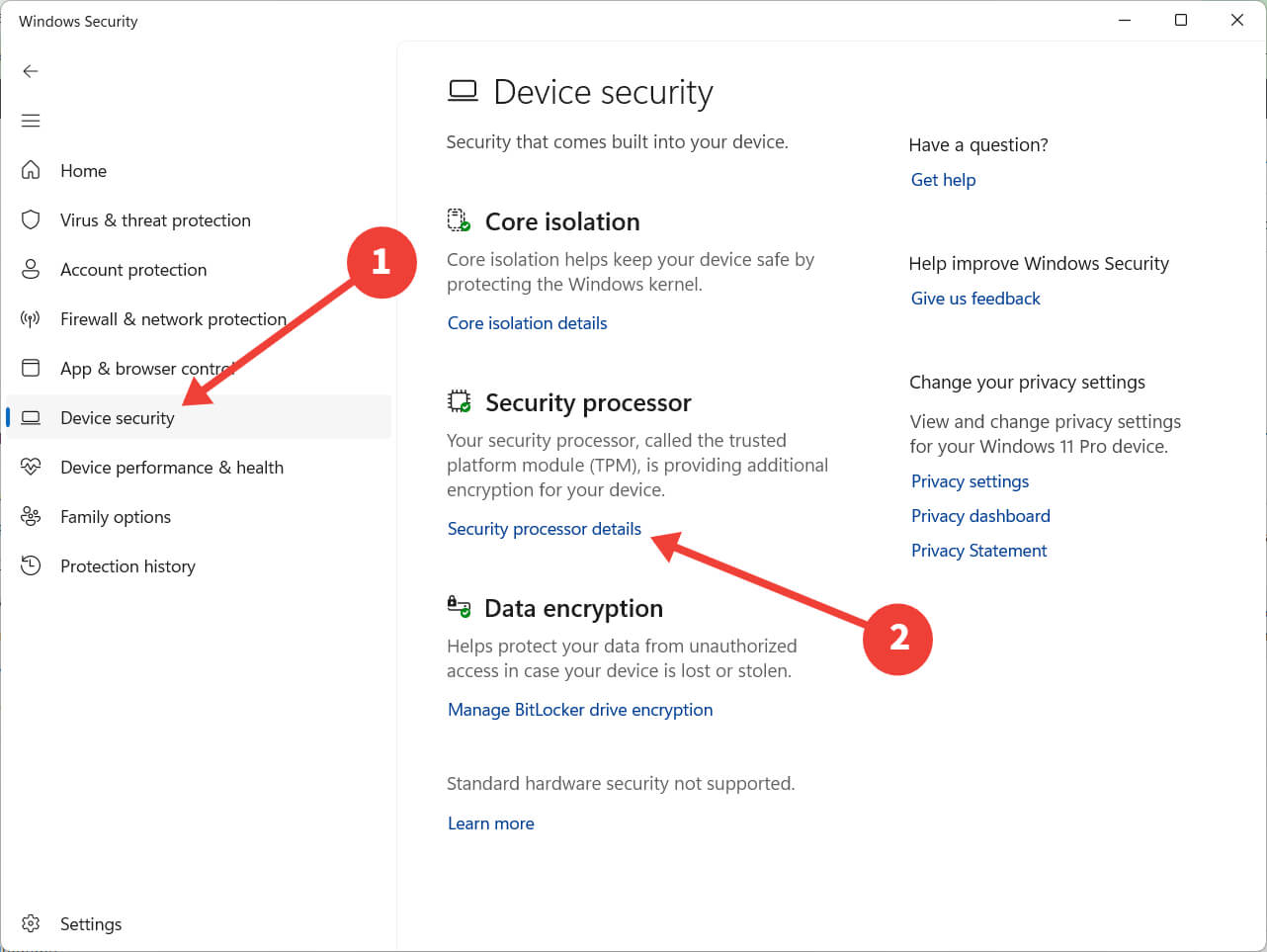 Clicking on "Security processor details" option in Windows Security.