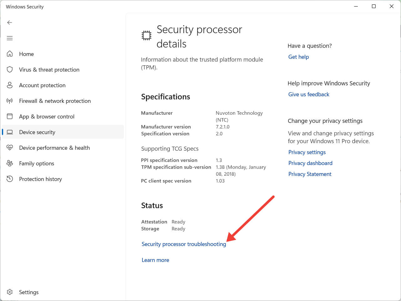Clicking on "Security processor troubleshooting" in Windows Security.