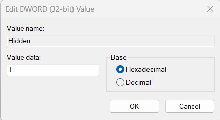 Setting new value for key to show hidden files via Registry Editor.