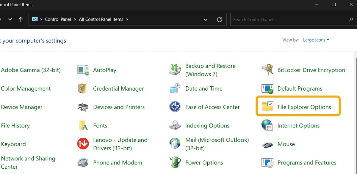 Clicking on "File Explorer Options" in Control Panel.