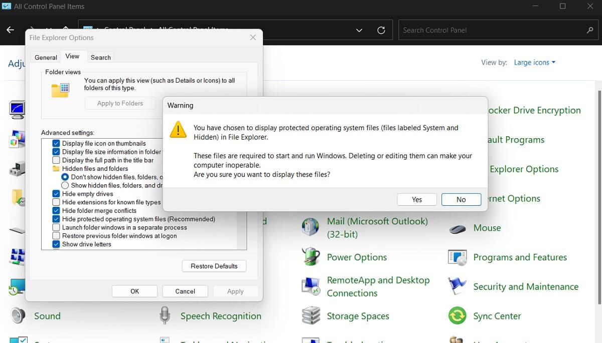 Pop-up showing up after enabling hidden files and folders via Control Panel.