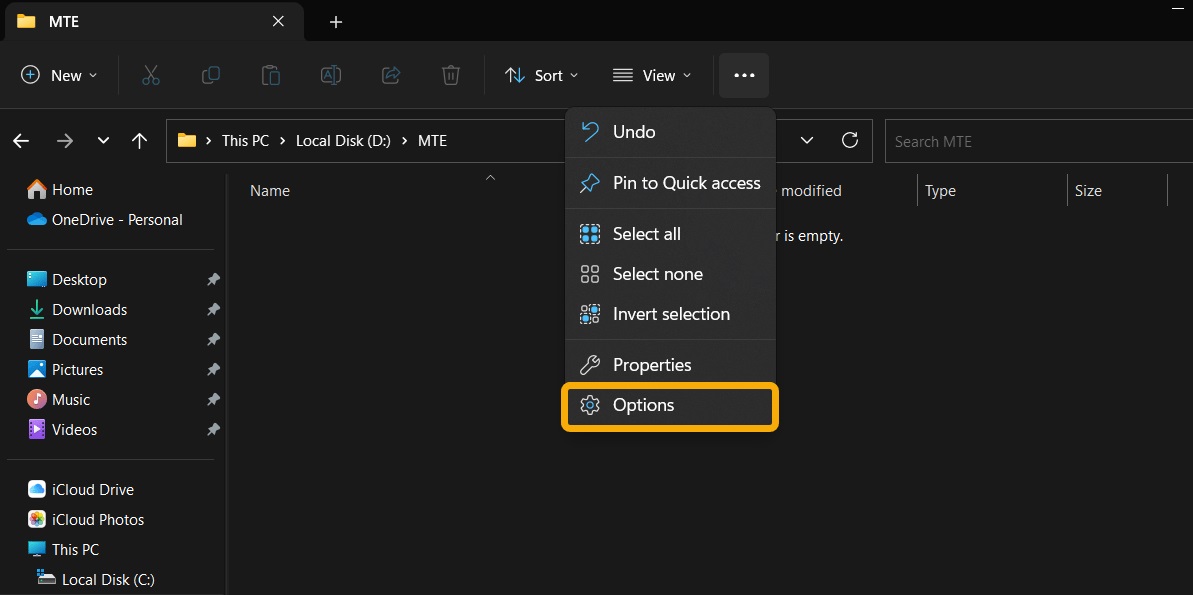 Bringing up the "Options" feature from File Explorer.