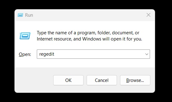 Typing "regedit" in Run window.