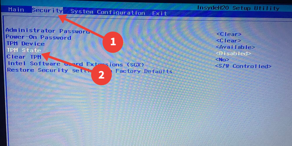 Selecting "TPM State" option in BIOS.
