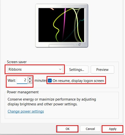 Checking the "On resume, display logon screen" option after selecting a screensaver.