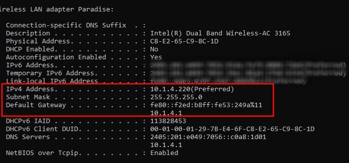 Typing ipconfig on Command Prompt to view the modified network configuration.