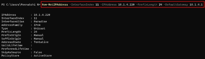 Enter command to set Static IP Address using PowerShell. 