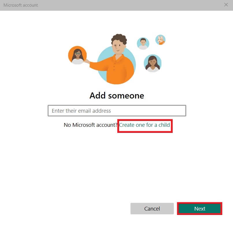 Clicking on "Create one for a child" button in setup process.