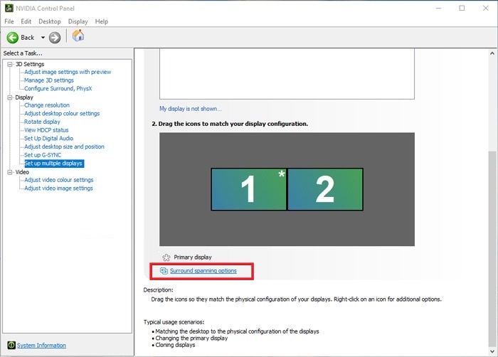 Clicking on "Surround spanning options" in NVIDIA Control Panel. 
