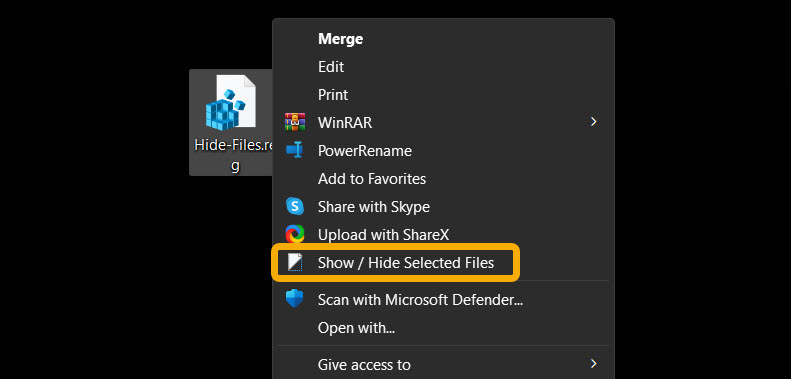 "Show / hide selected files" option showing up in context menu.