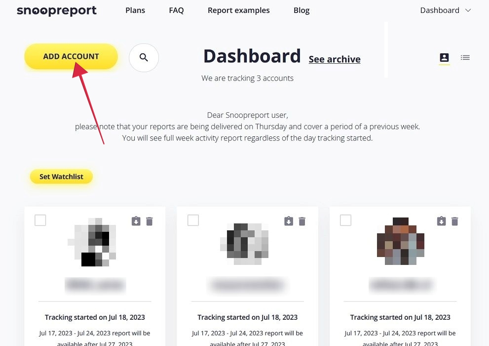 Clicking on "Add account" button in Snoopreport dashboard.