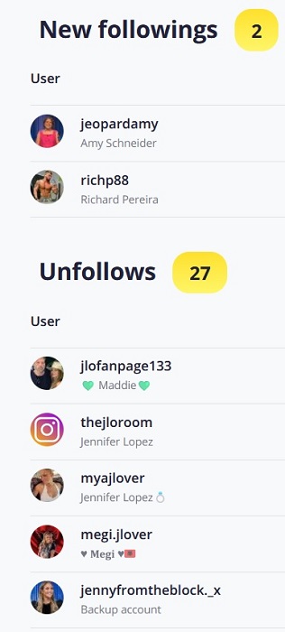 New Instagram followings and unfollowers view in Snoopreport.