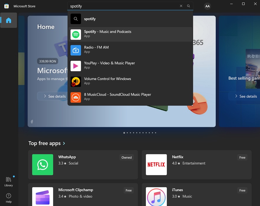 Searching for Spotify app in Microsoft Store. 