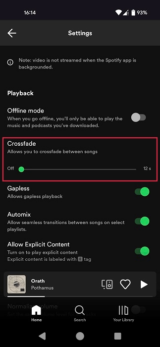 Crossfade slider visible in Spotify app for Android. 