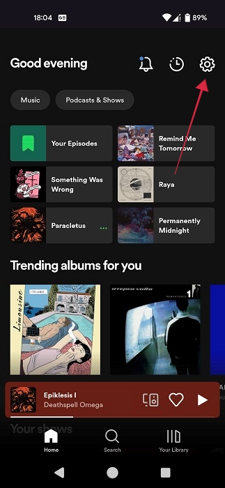 Clicking gear icon in Spotify app for Android. 
