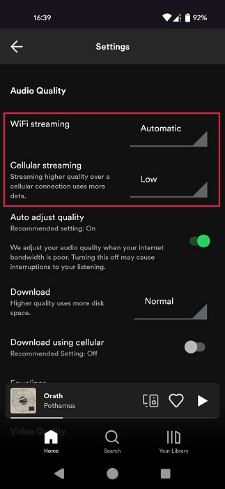 Settings new values for "WiFi streaming" and "Cellular streaming" in Spotify app for Android. 