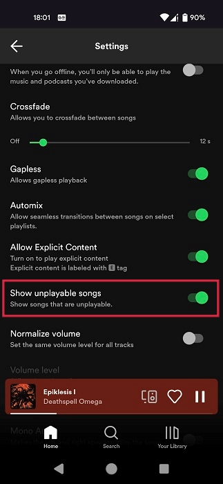 Enabling "Show unplayable songs" option in Spotify app for Android.