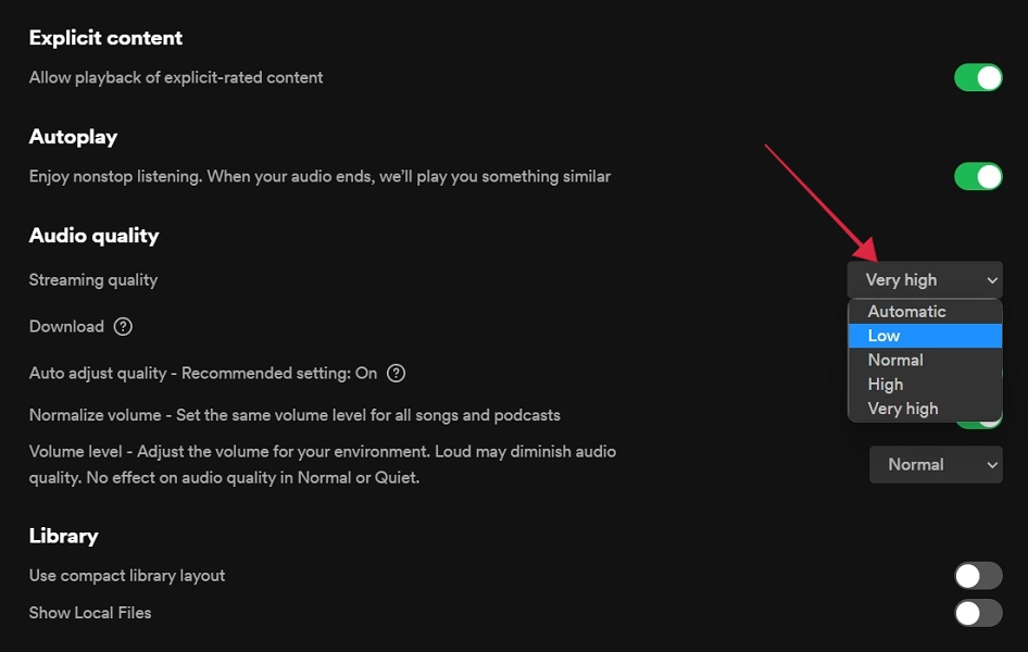 Setting new "Audio quality" value in Spotify client for desktop. 
