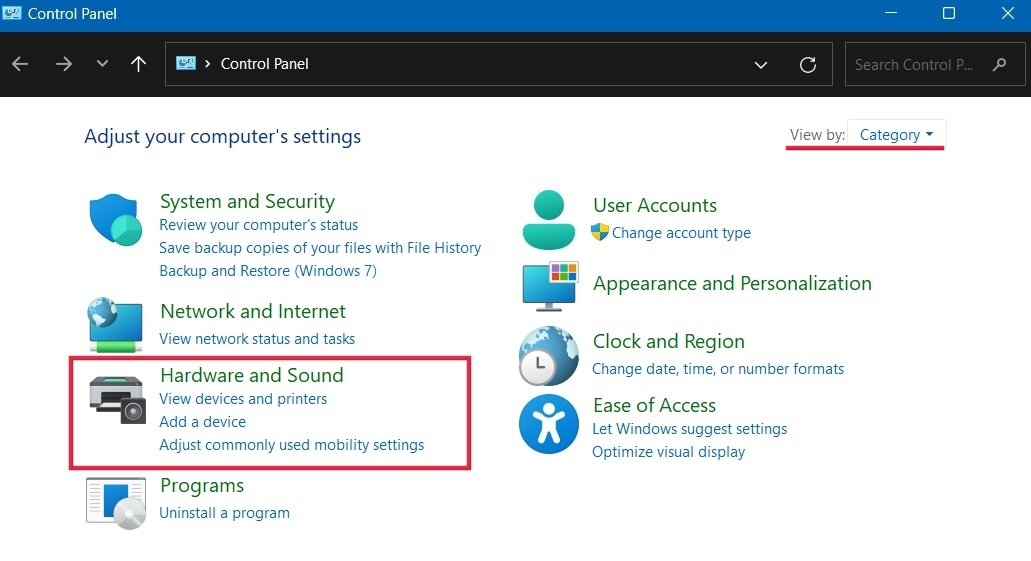 Clicking on "Hardware and Sound" in Control Panel. 